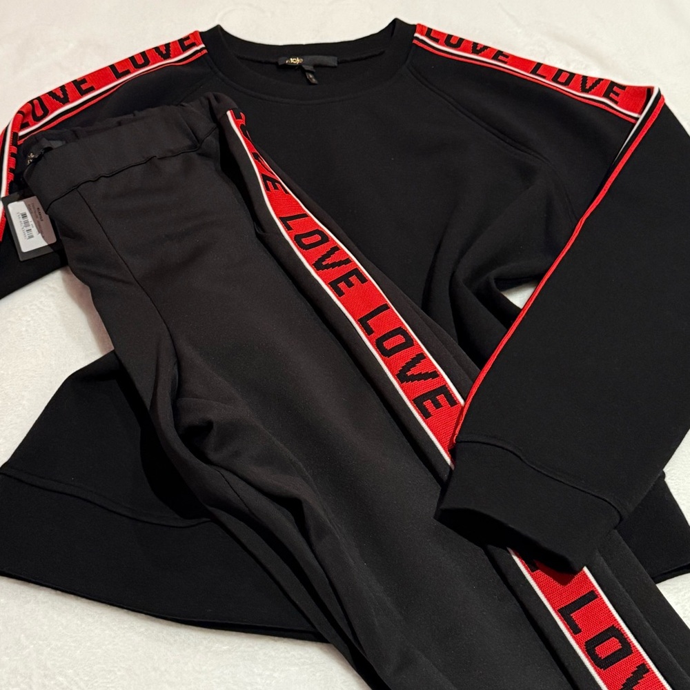 Maje Black and Red Love Sweatshirt and Pants Set